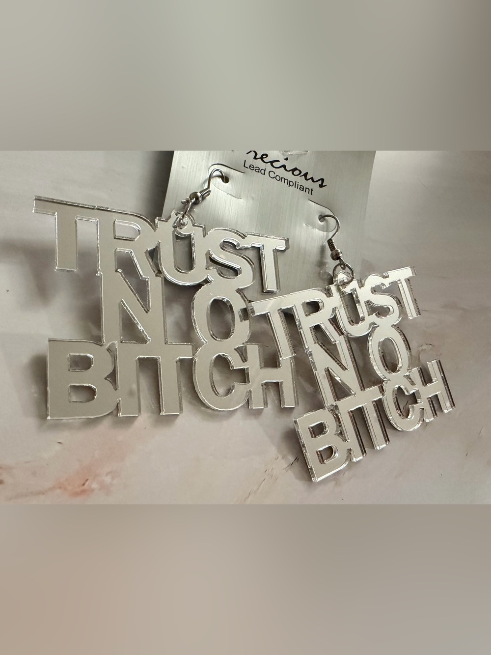 "Trust No B***ch " Silver Mirrored Y2K Statement Earrings Hip Hop 3” x 3”